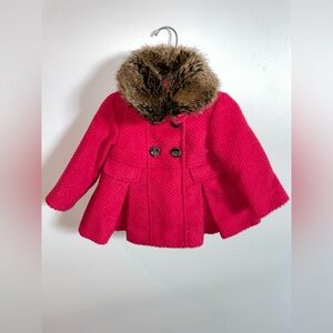 Magenta pink Monsoon toddler girls Pea Coat size 6-12 monthswith Faux Fur Collar